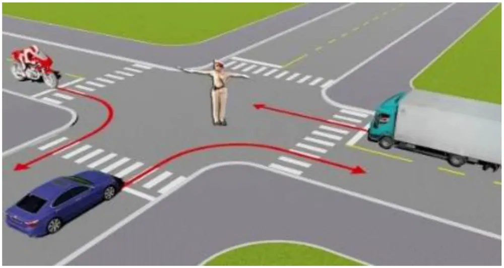 Hình minh hoạ: Theo hướng mũi tên, xe nào được phép đi?