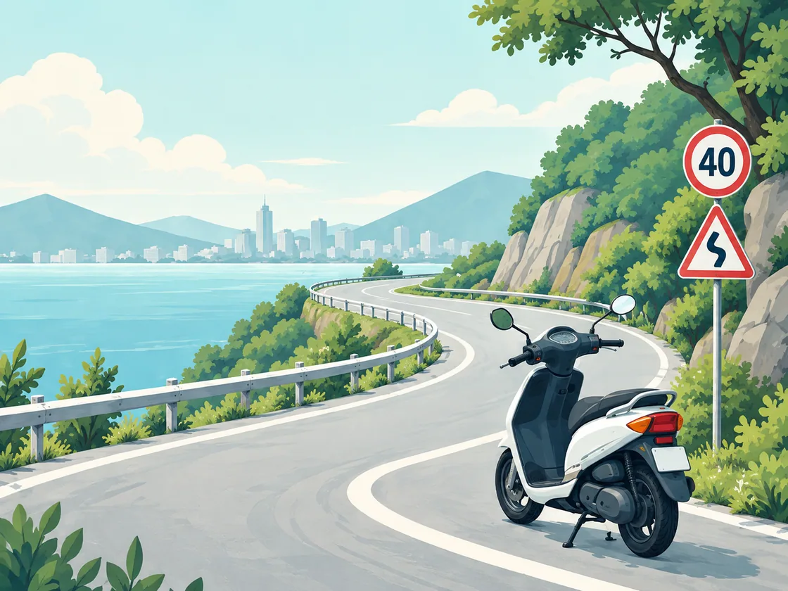 Minh họa xe máy bên con đường ven hồ